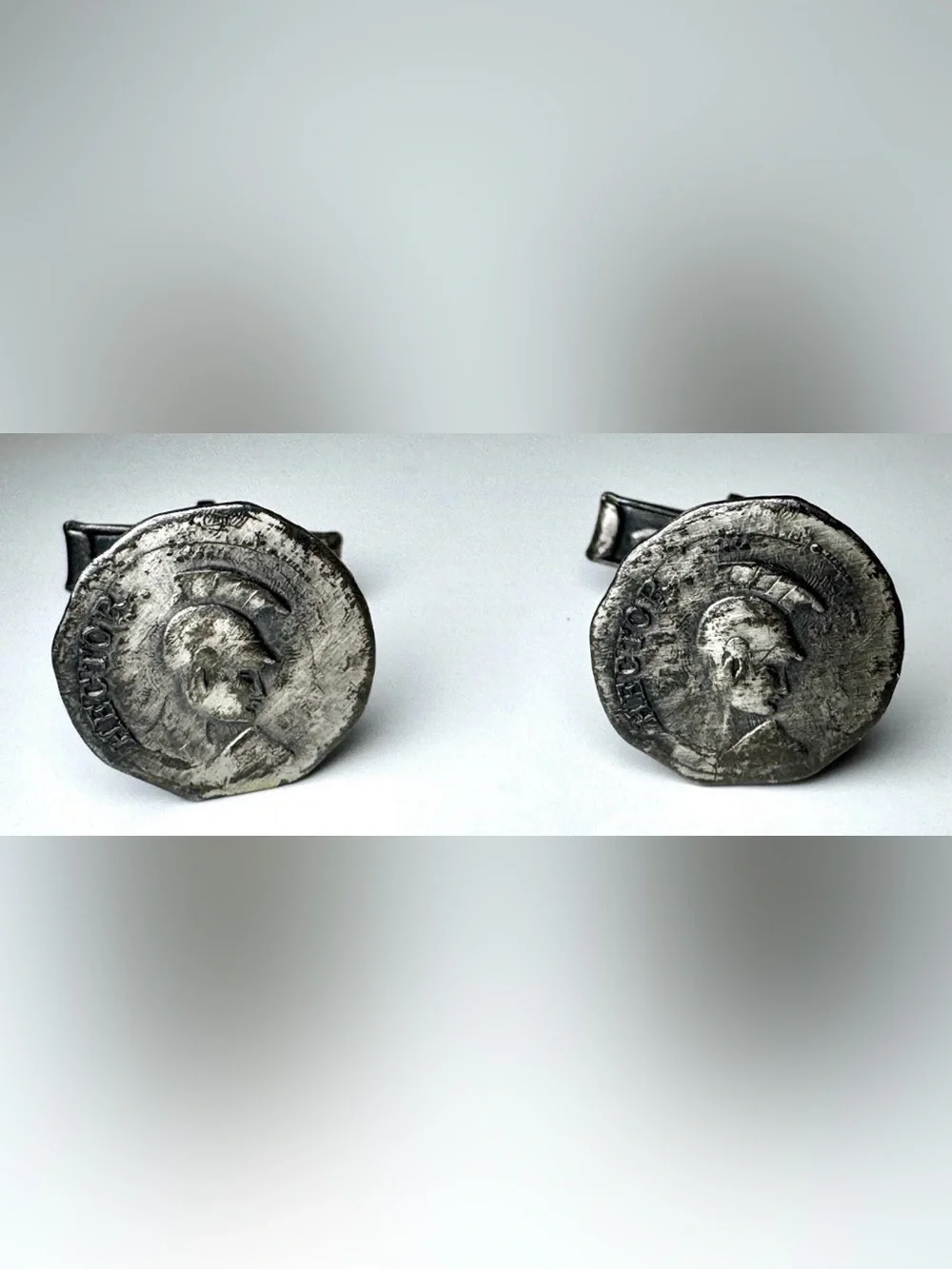 Silver Tone Roman Coin Style Round Fixed Back Men's Cufflinks Pair #1708